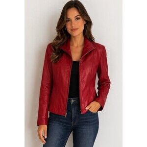 Nine West Genuine Leather Red Full Zip Scuba Jacket Classic Medium